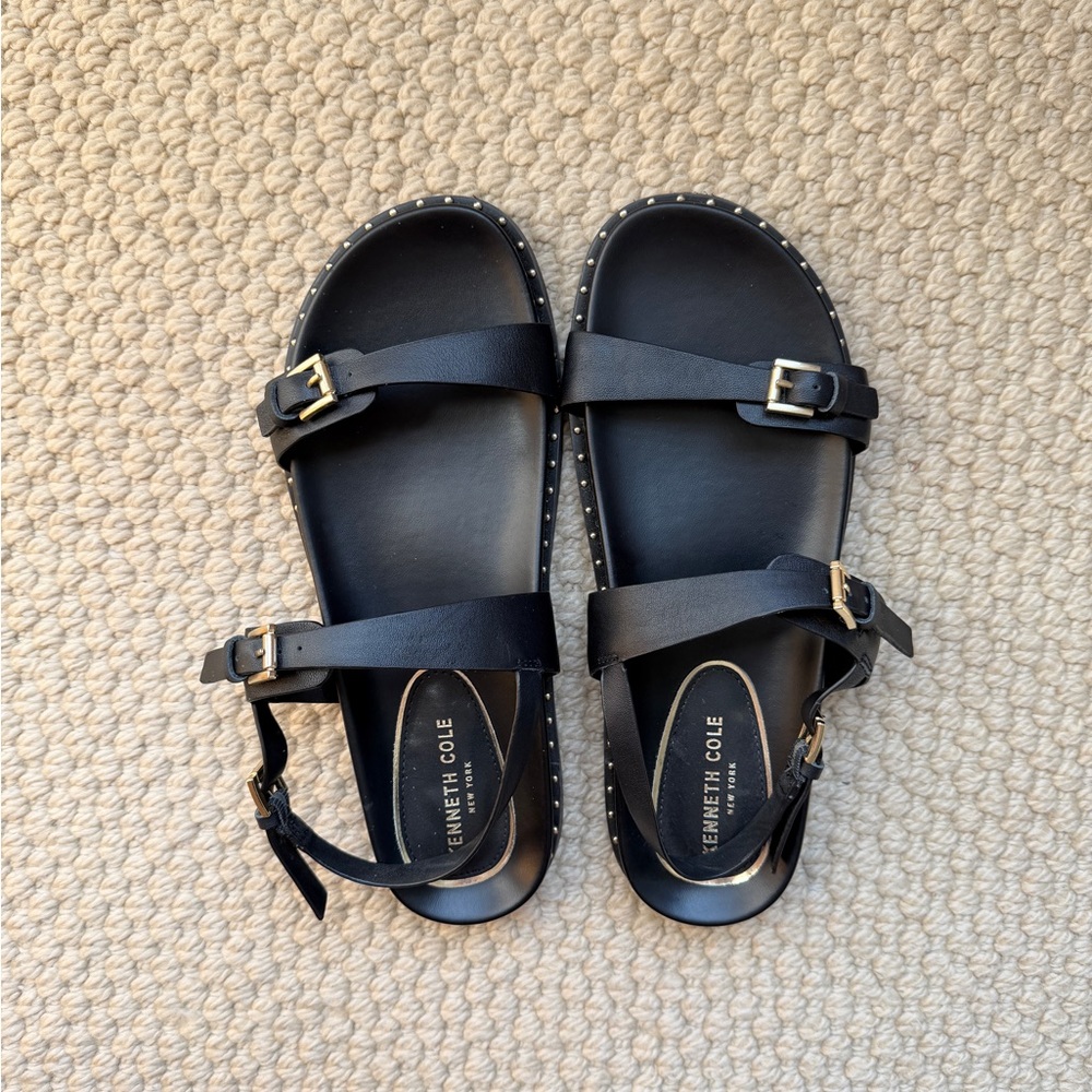 Kenneth Cole Minimalist Capsule Black Leather Buckle Sandals